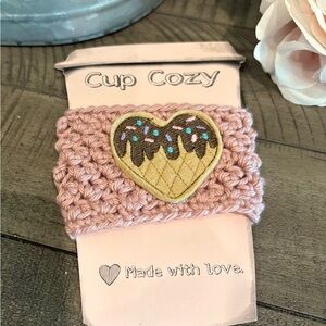 Pink Crochet Cup Cozy with Ice Cream Heart Patch